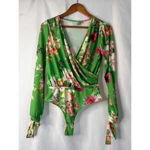 ASOS 6 Green Floral Wrap Bodysuit Feminine Boho Tie Cuff LS Romantic Cottagecore